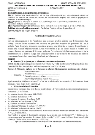 Première page de PCT Tle C — 1er devoir surveillé, 1er semestre (2021-2022) · CEG1 Natitingou