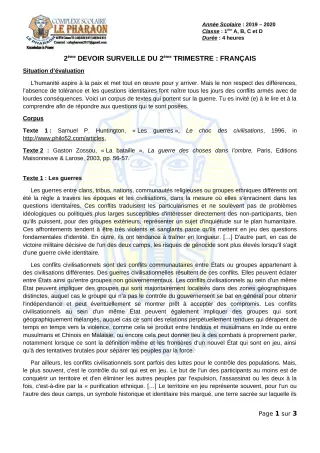 Première page de Français 1ère A, 1ère B, 1ère C, 1ère D — 2e devoir surveillé, 2e trimestre (2019-2020) · CPEG LE PHARAON