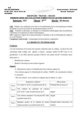 Première page de PCT 3e, 3e ML — 1re évaluation sommative, 2e semestre (2019-2020) · CEG Dantokpa