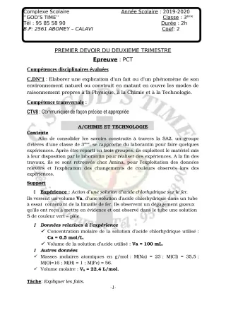 Première page de PCT 3e — 1er devoir surveillé, 2e trimestre (2019-2020) · CPEG GOD'S TIME