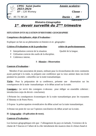 Première page de Histoire-Géographie 4e, 3e — 1er devoir surveillé, 2e trimestre (2023-2024) · CPEG SAINT Justin