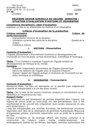 Première page de Histoire-Géographie 2nde B — 2e devoir surveillé, 2e semestre (2019-2020) · CEG du Lac