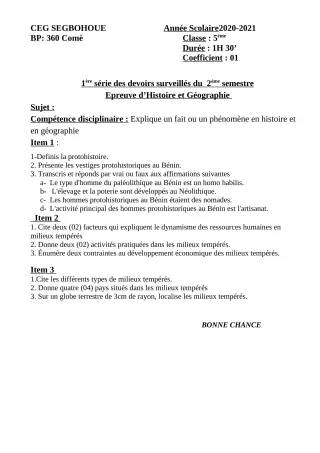 Première page de Histoire-Géographie 6e, 5e, 4e, 4e ML, 3e, 3e ML, 2nde A & B, 2nde D, 1ère A & B, Tle A & B, Tle D — 1er devoir surveillé, 2e semestre (2020-2021) · CEG SEGBOHOUE