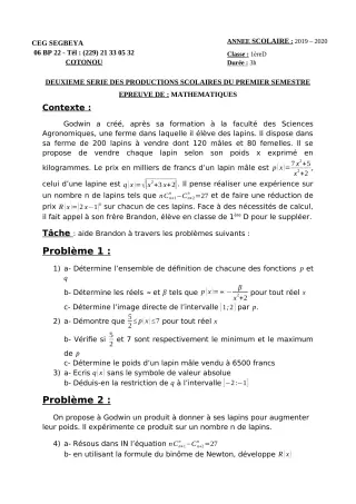 Première page de Mathématiques 1ère D — 2e production scolaire, 1er semestre (2019-2020) · CEG SEGBEYA