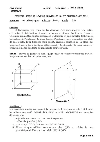 Première page de Mathématiques 2nde C — 1er devoir surveillé, 1er semestre (2019-2020) · CEG ZOGBO