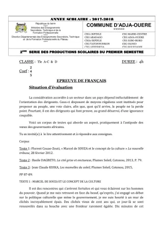 Première page de Français 3e, 3e ML, Tle A1, Tle A2, Tle C, Tle D — 2e production scolaire, 1er semestre (2017-2018) · CEG1 Ikpinlè