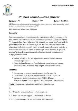 Première page de PCT 5e — 2e devoir surveillé, 2e trimestre (2019-2020) · CPEG ROSAIRE