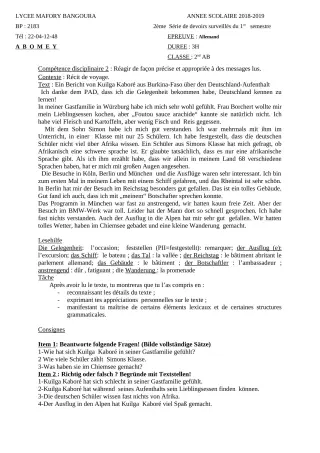 Première page de Allemand 2nde A & B — 2e devoir surveillé, 1er semestre (2018-2019) · Lycée Houegbadja d'Abomey (Ex Mafory Bangoura)