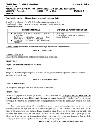 Première page de Philosophie Tle C, Tle D — 2e évaluation sommative, 2e semestre (2018-2019) · CEG Hubert C. MAGA