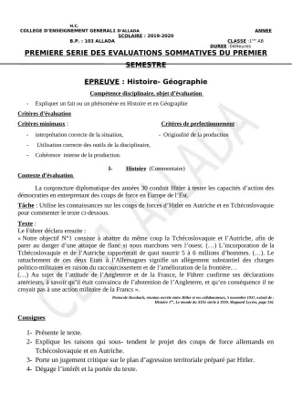 Première page de Histoire-Géographie 6e, 5e, 4e ML&MC, 3e, 3e ML, 2nde A & B, 2nde C, 2nde D, 1ère A & B, 1ère C, 1ère D, Tle A & B, Tle C, Tle D — 1re évaluation sommative, 1er semestre (2019-2020) · CEG1 Allada