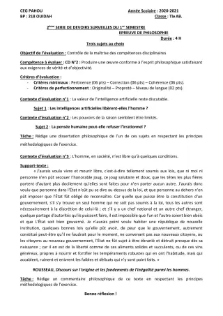 Première page de Philosophie Tle A2, Tle B — 2e devoir surveillé, 1er semestre (2020-2021) · CEG PAHOU