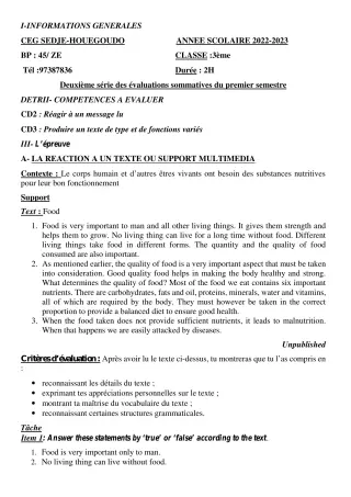 Première page de Anglais 3e — 2e évaluation sommative, 1er semestre (2022-2023) · CEG Sèdjè-Houègoudo
