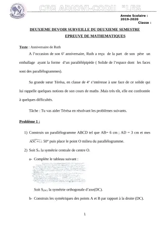 Première page de Mathématiques 4e — 2e devoir surveillé, 2e semestre (2019-2020) · CEG ADJOVICODJI 'LES OLIVIERS'