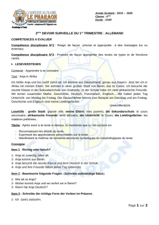 Première page de Allemand 4e ML — 2e devoir surveillé, 1er trimestre (2019-2020) · CPEG LE PHARAON