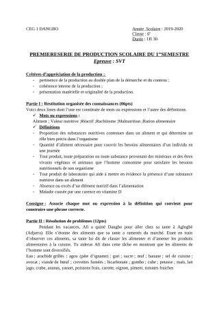 Première page de SVT 6e, 5e, 4e, 4e ML, 3e, 3e ML, 2nde A & B, 2nde C, 2nde D, 1ère A2, 1ère B, 1ère C, 1ère D, Tle A1, Tle A2, Tle B, Tle C, Tle D — Production scolaire (2018-2019) · CEG1 Dangbo