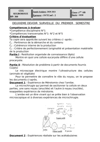 Première page de SVT 3e, 3e ML, 2nde A & B, 2nde D, 1ère A & B, 1ère D, Tle A & B, Tle D — 2e devoir surveillé, 1er semestre (2020-2021) · CEG SEGBOHOUE