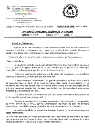 Première page de Français 4e — 2e production scolaire, 1er semestre (2023-2024) · CEG GOHO