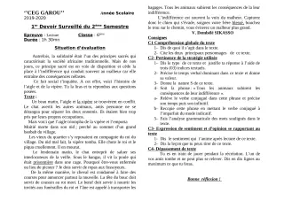 Première page de Français 6e — 1er devoir surveillé, 2e semestre (2019-2020) · CEG GAROU