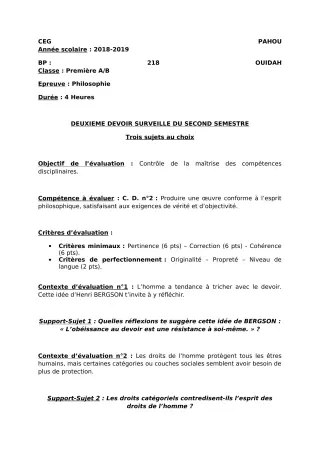 Première page de Philosophie 1ère A1, 1ère A2, 1ère B — 2e devoir surveillé, 2e semestre (2018-2019) · CEG PAHOU