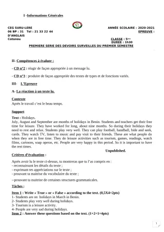 Première page de Anglais 5e — 1er devoir surveillé, 1er semestre (2020-2021) · CEG SURU-LERE