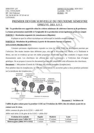 Première page de SVT Tle D — 1er devoir surveillé, 2e semestre (2020-2021) · CEG FIYEGNON