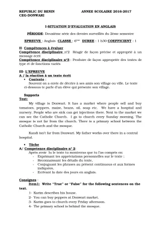 Première page de Anglais 6e, 5e, 4e, 4e ML, 3e, 3e ML — 2e devoir surveillé, 2e semestre (2018-2019) · CEG Donwari