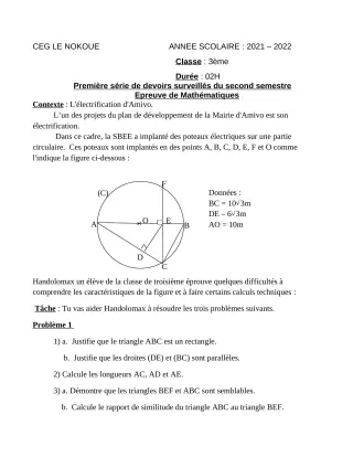 Première page de Mathématiques 3e — 1er devoir surveillé, 2e semestre (2021-2022) · CEG LE NOKOUE