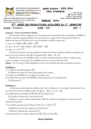 Première page de Mathématiques Tle A1, Tle A2 — 2e production scolaire, 1er semestre (2023-2024) · CEG1 Ikpinlè