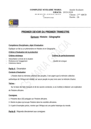 Première page de Histoire-Géographie 2nde A — 1er devoir surveillé, 1er trimestre (2019-2020) · CPEG MARIA GRACIA