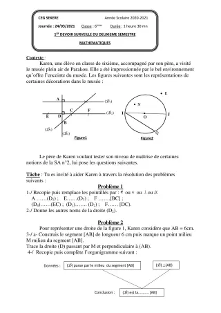 Première page de Mathématiques 6e — 1er devoir surveillé, 2e semestre (2020-2021) · CEG SEKERE