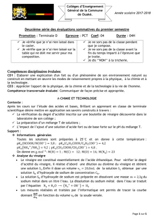 Première page de PCT Tle D — 2e évaluation sommative, 1er semestre (2017-2018) · CEG C.P de Dompago