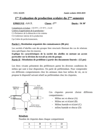 Première page de SVT 5e — 1re production scolaire, 2e semestre (2018-2019) · CEG Agon