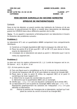 Première page de Mathématiques 3e ML — Devoir surveillé, 2e semestre (2019-2020) · CEG du Lac