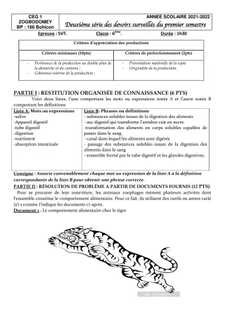 Première page de SVT 6e — 2e devoir surveillé, 1er semestre (2021-2022) · CEG 1 ZOGBODOMEY
