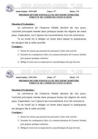 Première page de Français 4e, 4e ML — 1er devoir surveillé, 2e semestre (2019-2020) · CEG ADJOVICODJI 'LES OLIVIERS'