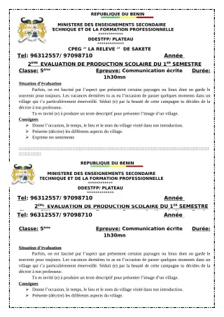 Première page de Français 5e — Production scolaire, 1er semestre (2023-2024) · CPEG LA RELEVE