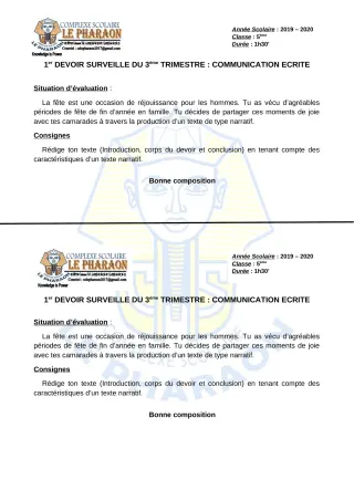Première page de Français 5e — 1er devoir surveillé, 3e trimestre (2019-2020) · CPEG LE PHARAON