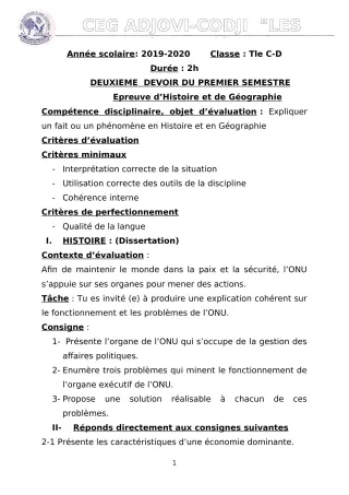 Première page de Histoire-Géographie Tle D — 2e devoir surveillé, 1er semestre (2019-2020) · CEG ADJOVICODJI 'LES OLIVIERS'