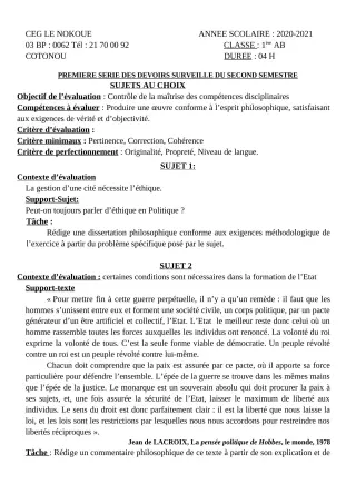 Première page de Philosophie 1ère A1, 1ère A2, 1ère B — 1er devoir surveillé, 2e semestre (2020-2021) · CEG LE NOKOUE