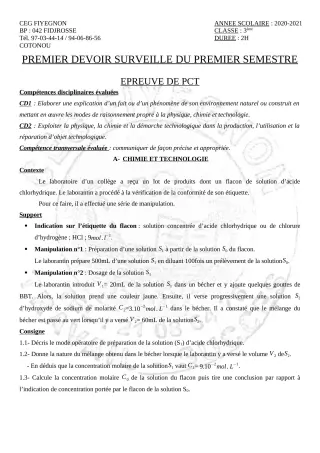 Première page de PCT 3e — 1er devoir surveillé, 1er semestre (2020-2021) · CEG FIYEGNON