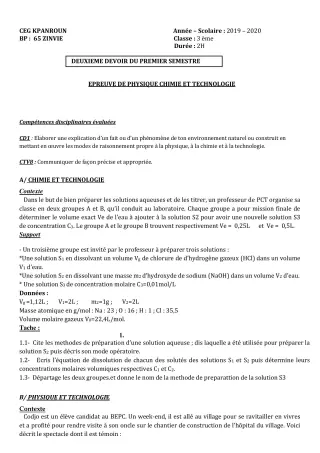 Première page de PCT 3e — 2e devoir surveillé, 1er semestre (2019-2020) · CEG Kpanroun