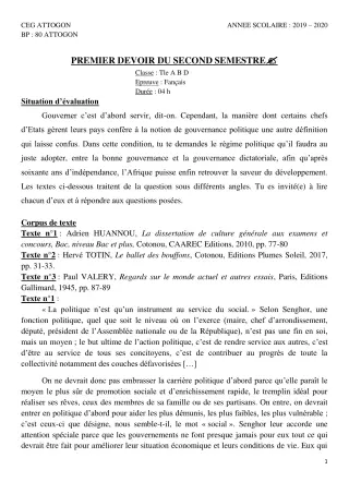 Première page de Français Tle A & B, Tle A1, Tle A2, Tle B, Tle D — 1er devoir surveillé, 2e semestre (2019-2020) · CEG Attogon