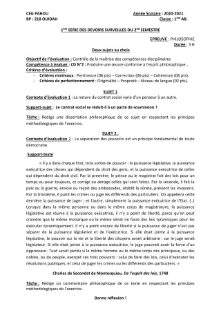 Première page de Philosophie 1ère A1, 1ère A2, 1ère B — 1er devoir surveillé, 2e semestre (2020-2021) · CEG PAHOU