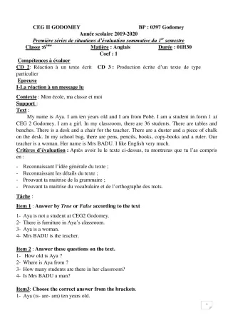 Première page de Anglais 6e — Évaluation sommative, 1er semestre (2019-2020) · CEG2 Godomey