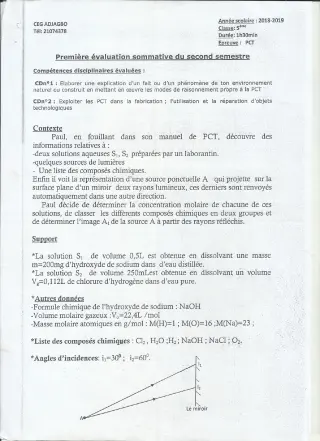 Première page de PCT 5e — 1re évaluation sommative, 2e semestre (2018-2019) · CEG ADJAGBO