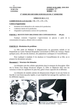 Première page de SVT 3e, 3e ML — 1er devoir surveillé, 1er semestre (2018-2019) · CEG HOUEYIHO