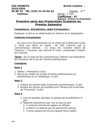 Première page de Histoire-Géographie 6e, 5e, 4e, 4e ML, 3e, 3e ML, 2nde C, 2nde D, Tle C, Tle D — 1re production scolaire, 1er semestre (2019-2020) · CEG SEGBEYA