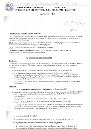 Première page de PCT Tle D — 1er devoir surveillé, 2e semestre (2019-2020) · CEG ADJOVICODJI 'LES OLIVIERS'