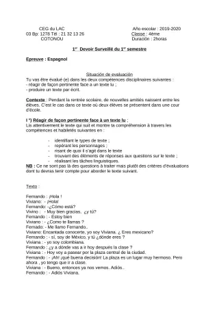 Première page de Espagnol 4e ML — 1er devoir surveillé, 1er semestre (2019-2020) · CEG du Lac