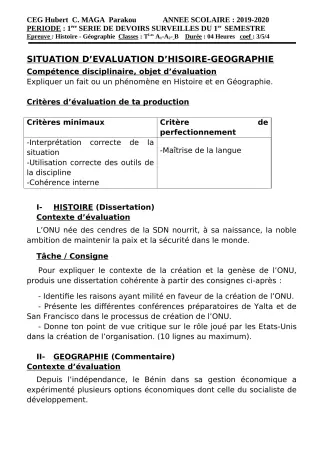 Première page de Histoire-Géographie 2nde A1, 2nde A2, 2nde B, 1ère A2, 1ère B, Tle A1, Tle A2, Tle B — 1er devoir surveillé, 1er semestre (2019-2020) · CEG Hubert C. MAGA